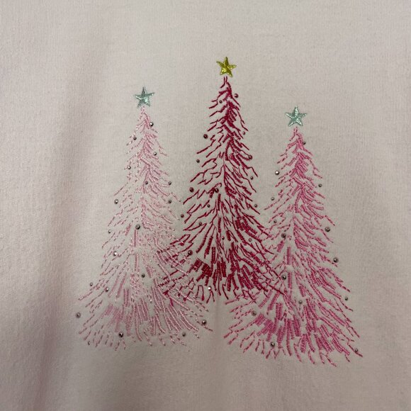 Christmas Sweatshirt Pink Embroidered Trees Women Size Small Festive Holiday Top - Picture 8 of 12